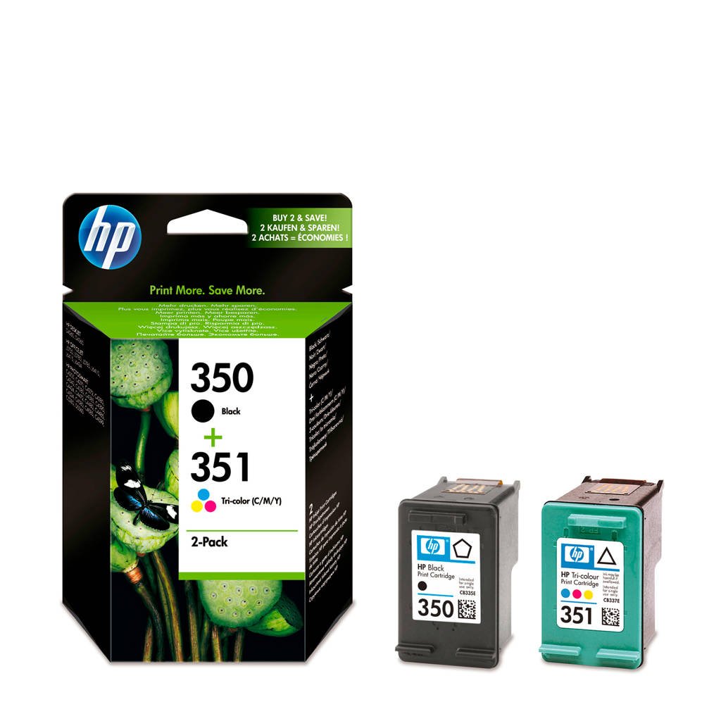 HP 350+351COM 2-pack zwarte/drie-kleuren inktcartridges, Zwart, Geel, Cyaan en Magenta