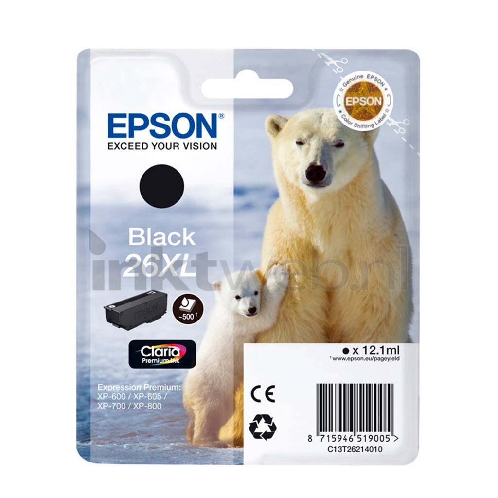 Epson BEER ZWART XL T2621 inktcartridge, Zwart