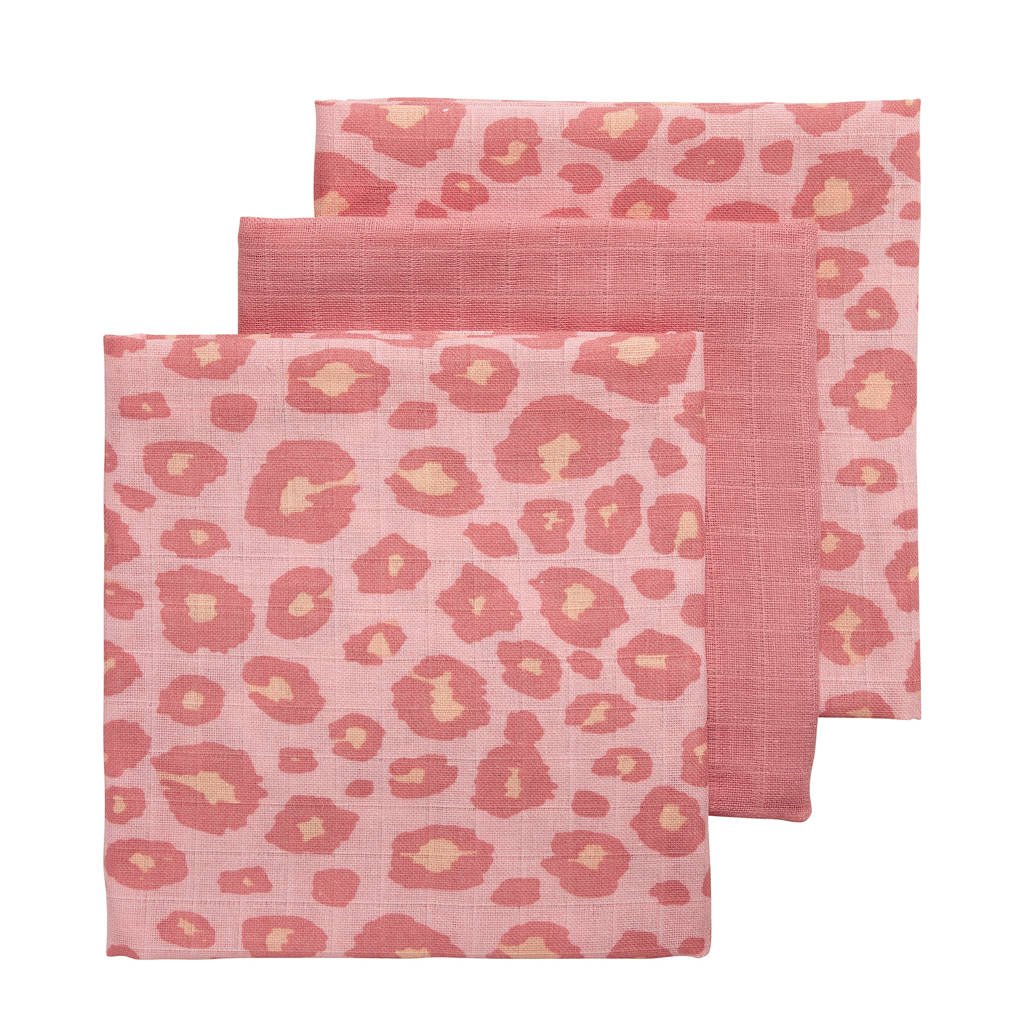 Meyco hydrofiele swaddles 120x120 cm (set van 3) panter/uni, Roze
