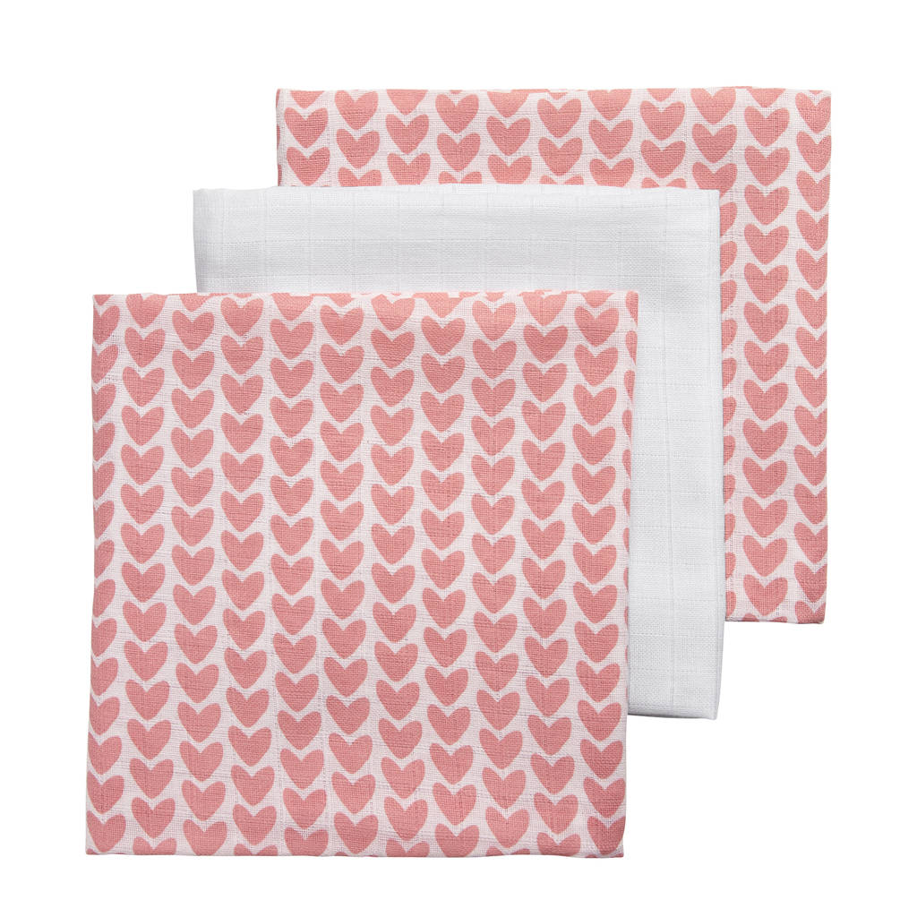Meyco hydrofiele swaddles 120x120 cm (set van 3) knitted heart/uni, Roze/wit