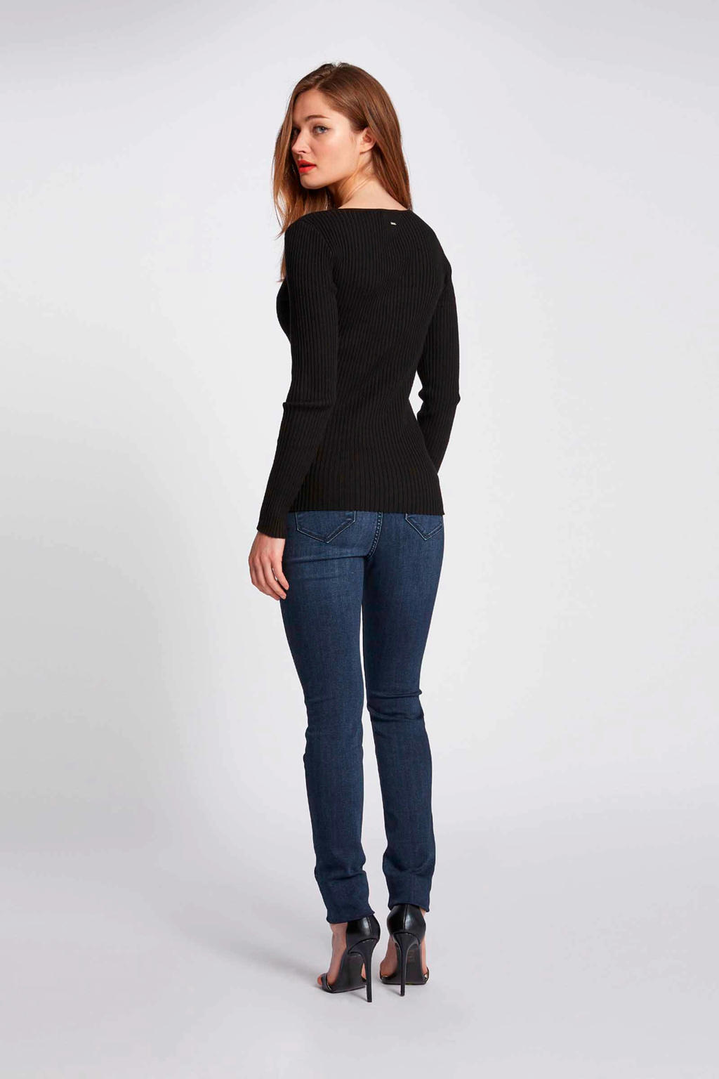 Zwarte dames Morgan geribde top van viscose met effen, lange mouwen, ronde hals en textuur