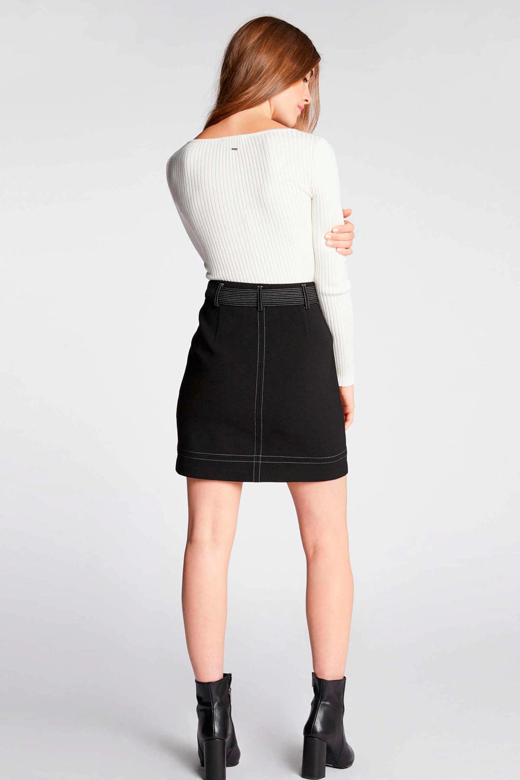Ecru dames Morgan top van viscose met effen, lange mouwen, ronde hals en textuur