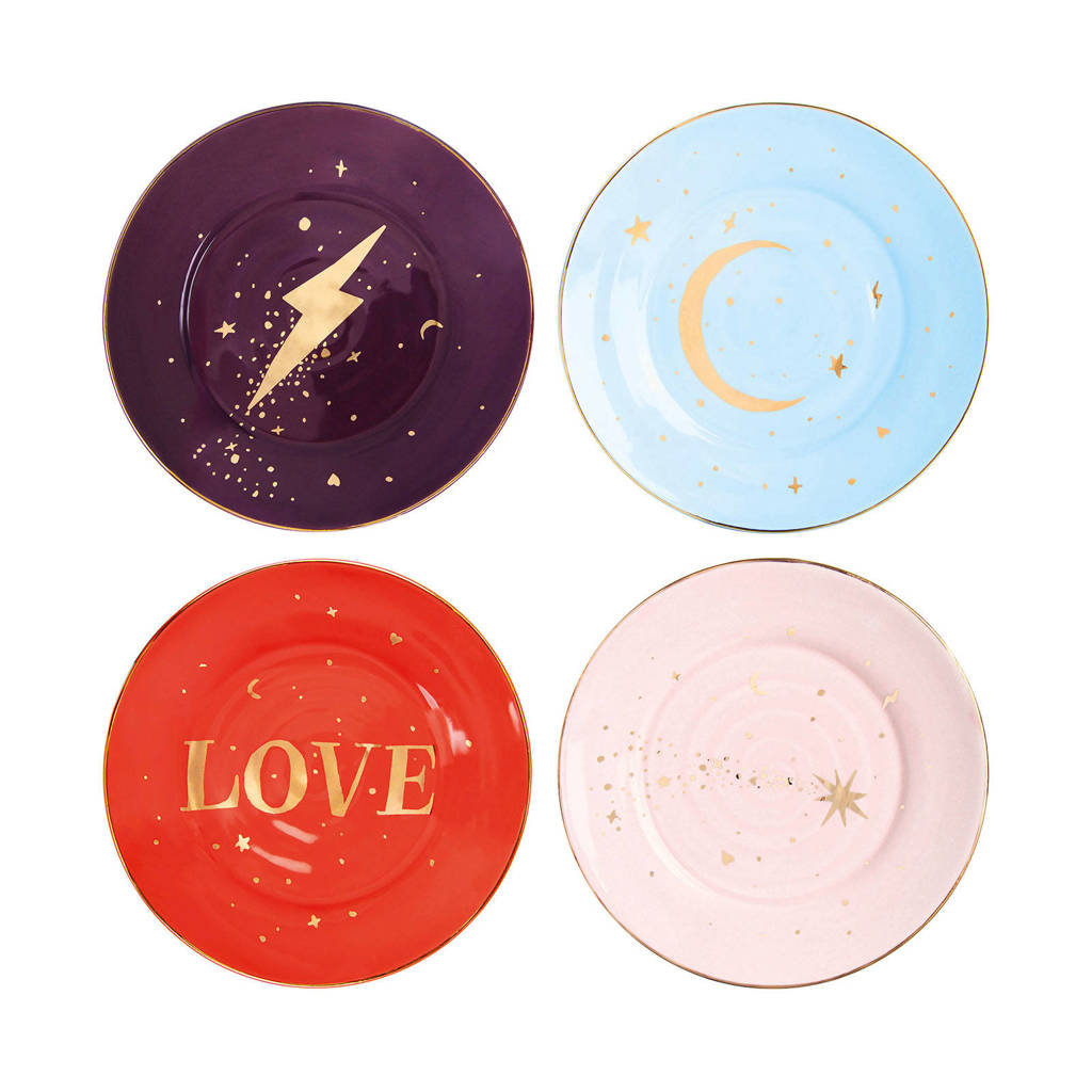 &k amsterdam gebaksbord (Ø17 cm) (set van 4), Goud/lichtblauw/paars/rood/lichtroze