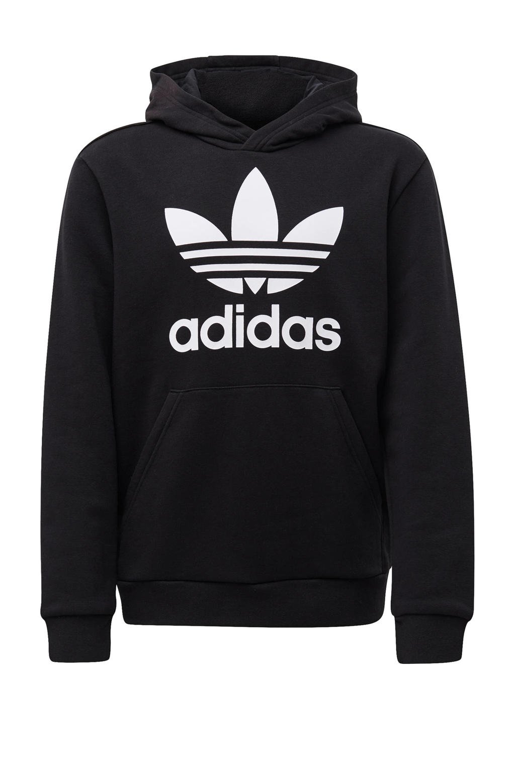 Zwart en witte jongens en meisjes adidas Originals unisex Adicolor hoodie van sweat materiaal met logo dessin, lange mouwen en capuchon