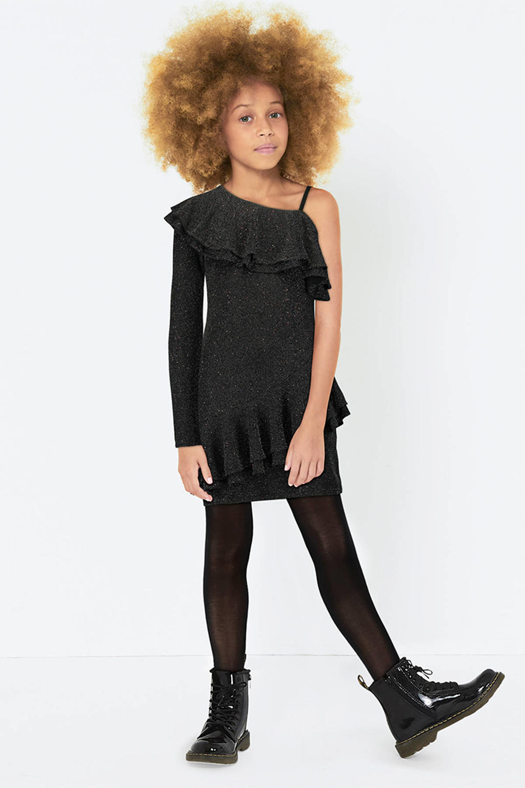 Coolcat one shoulder glitter jurk met volant zwart