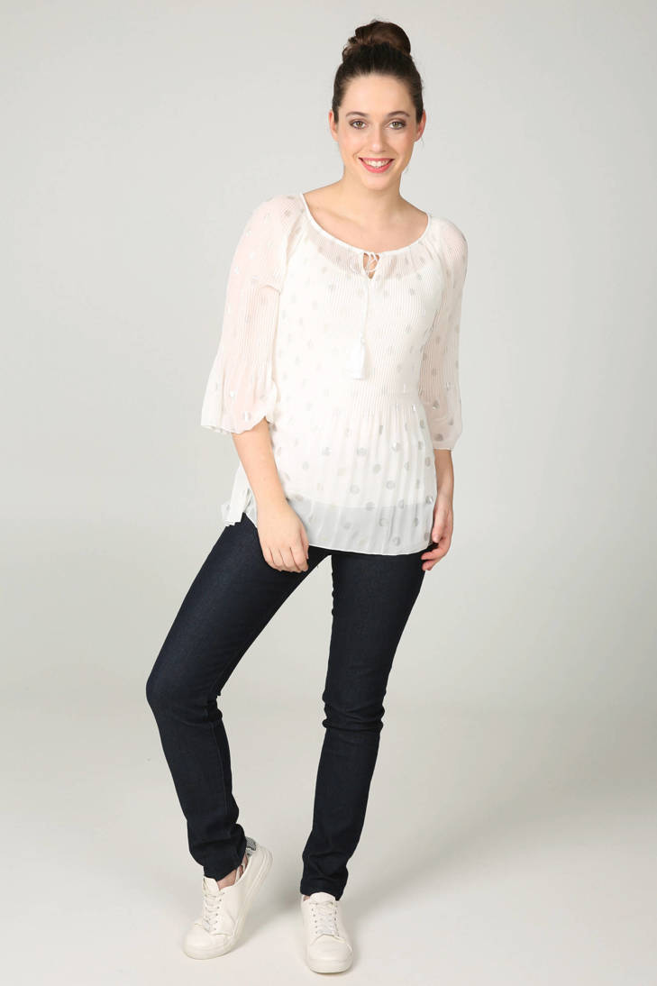 tuniek Cassis plissé ecru stippenprint met 15wxZUqY
