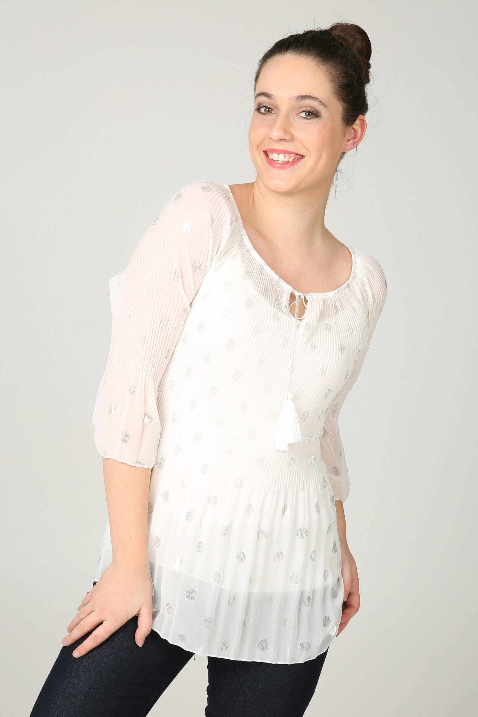 tuniek Cassis plissé ecru stippenprint met 15wxZUqY