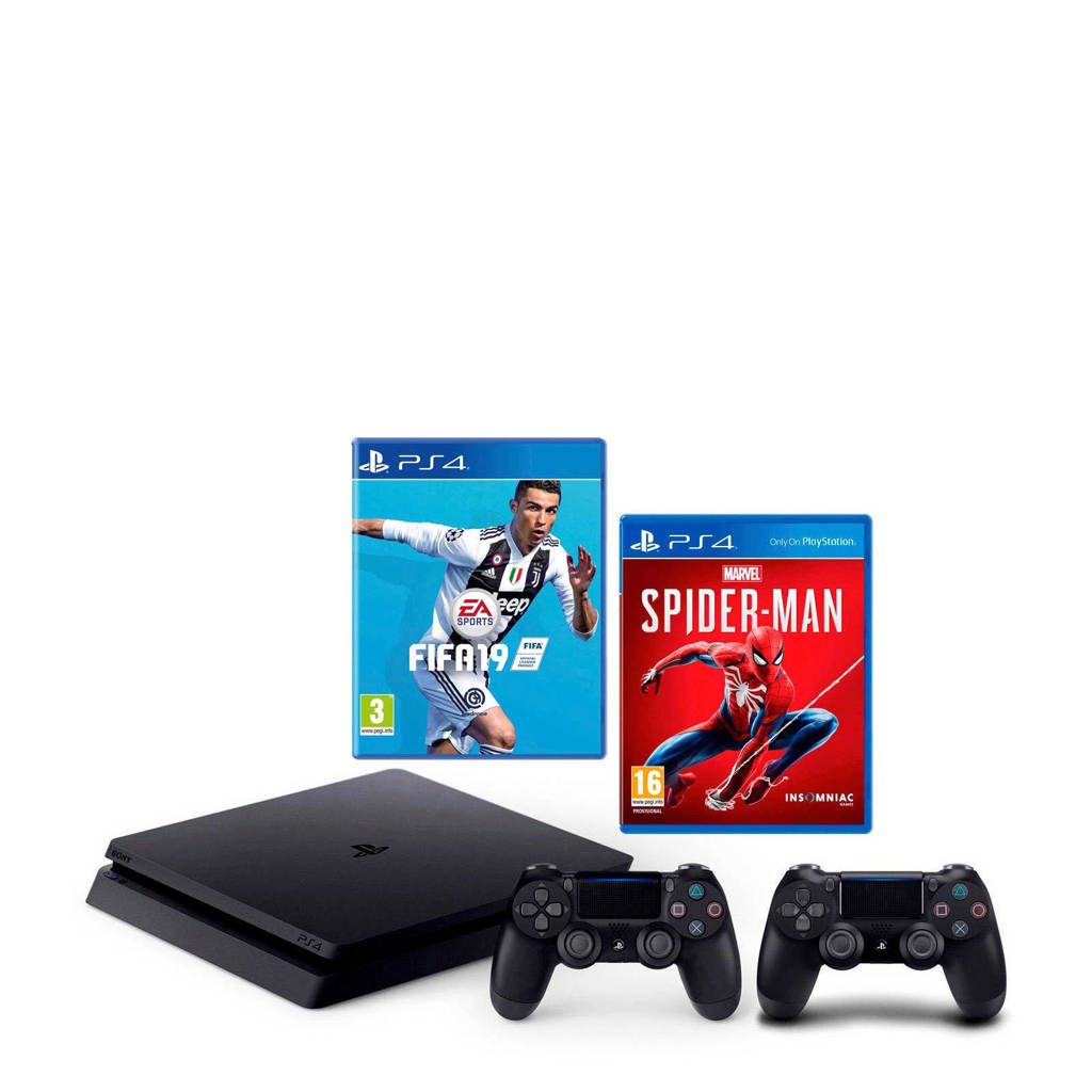 Sony PlayStation 4 Slim 1TB zwart + 2 controllers + Marvel's Spider-Man + FIFA 19, Zwart
