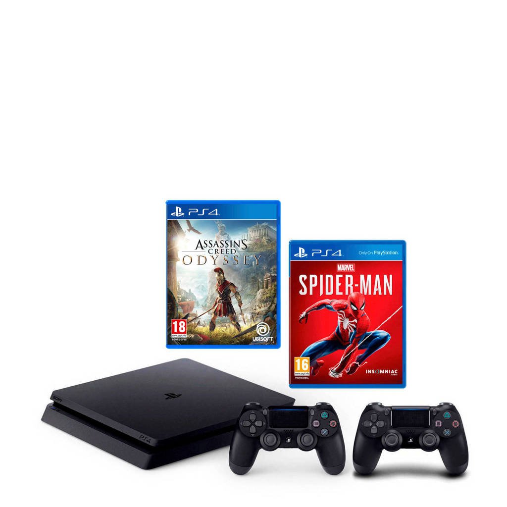 Sony PlayStation 4 Slim 1TB zwart + 2 controllers + Marvel's Spider-Man + Assassin's Creed: Odyssey, Zwart