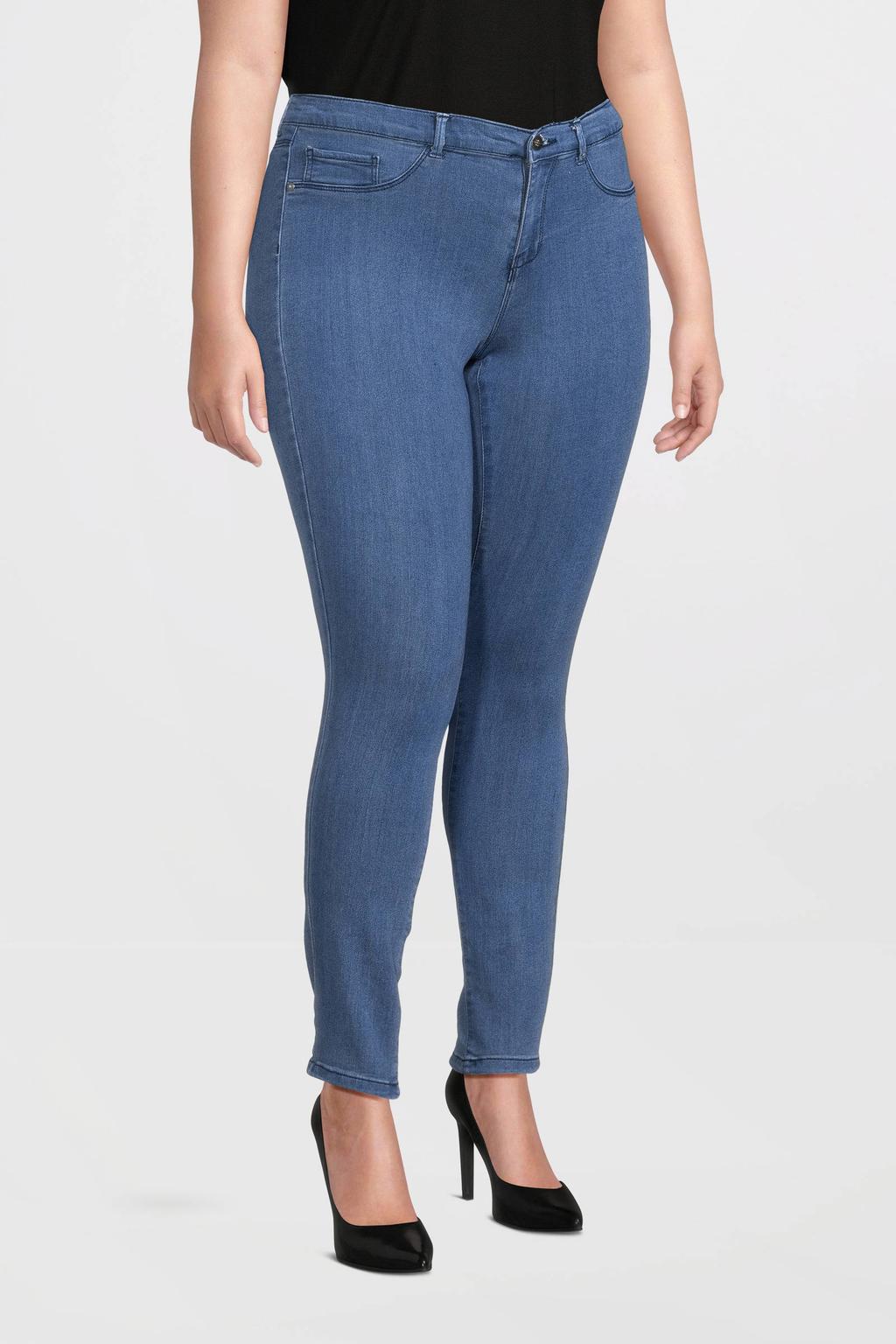 Donkerblauwe dames ONLY CARMAKOMA regular waist push up skinny jeans van stretchdenim met rits- en knoopsluiting