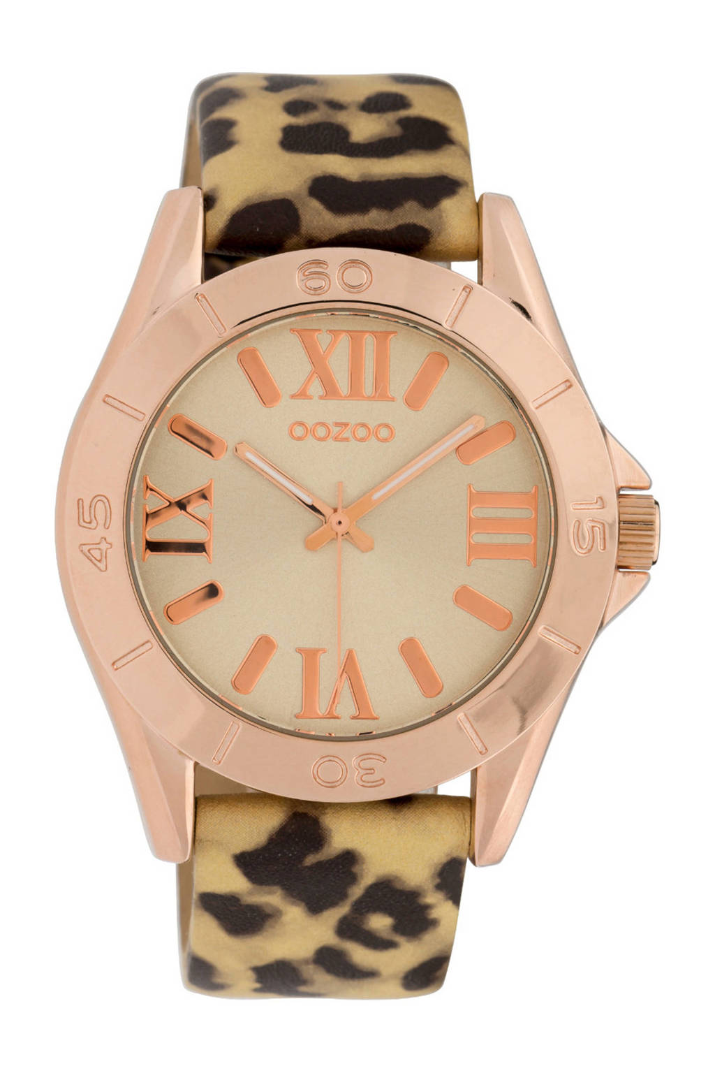 OOZOO leren horloge C9783 met panterprint rosé, Rosé