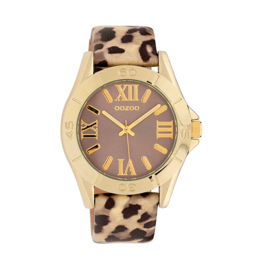 OOZOO leren horloge C9784 met panterprint goud, Goud