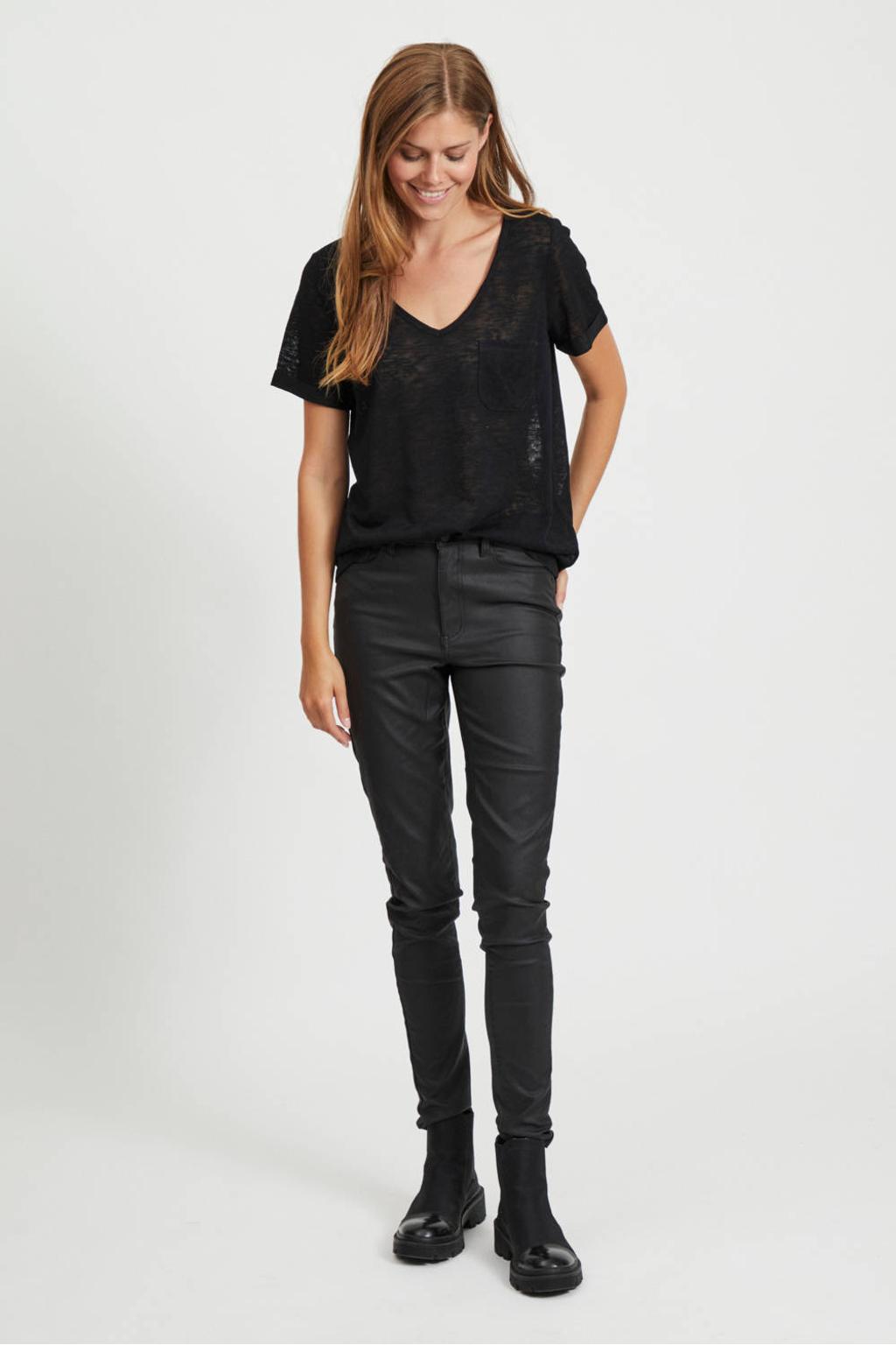 Zwarte dames OBJECT T-shirt van viscose met effen, korte mouwen, V-hals en gebreide details