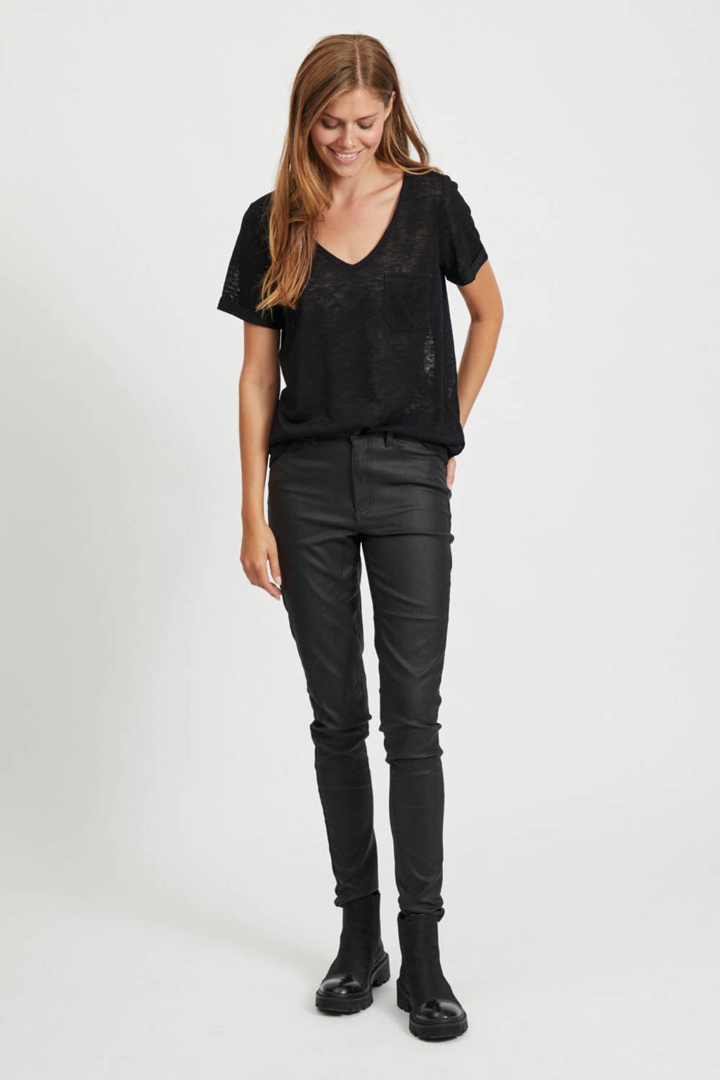 Zwarte dames OBJECT T-shirt van polyester met melée print, korte mouwen en V-hals