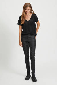 Zwarte dames OBJECT T-shirt van polyester met melée print, korte mouwen en V-hals