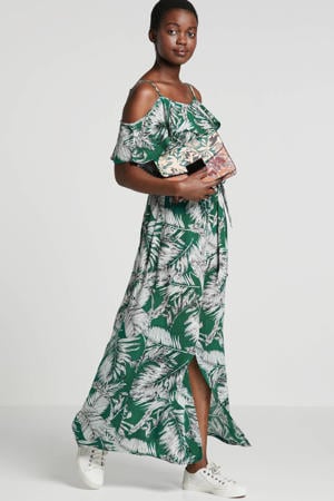offshoulder jurk met rush en bladprint
