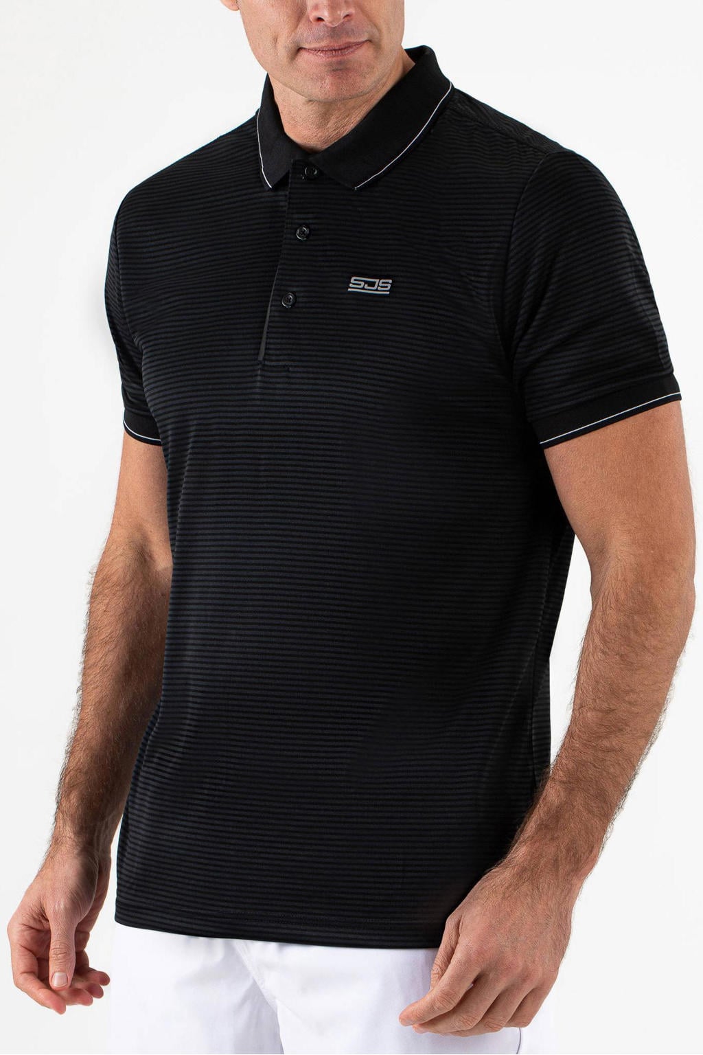 Zwarte heren Sjeng Sports polo Grand met strepenprint en korte mouwen