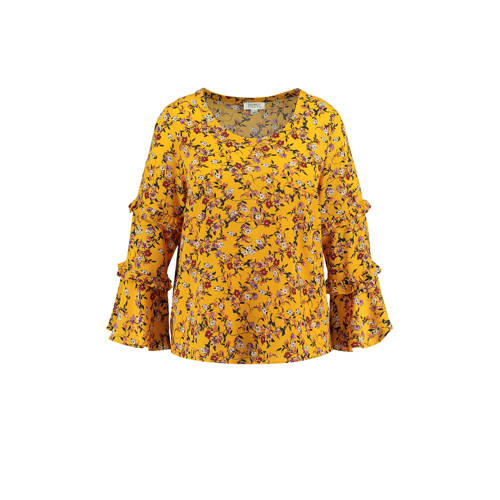 Ms Mode Top Met Volant Mouwen En Ruches Oker ms mode kopen in de aanbieding