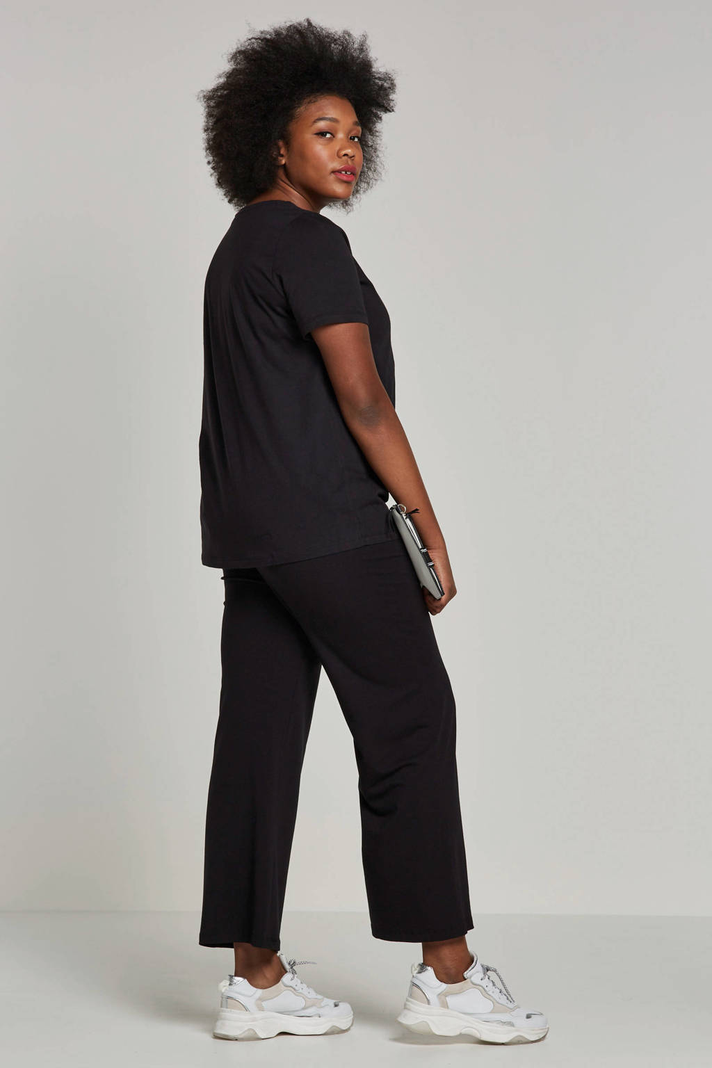 Zwarte dames GREAT LOOKS broek pijpen van katoen met wijde pijpen, high waist en elastische tailleband