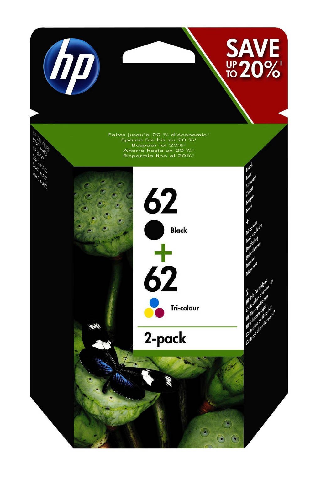 HP HP 62 INK 2-PACK 2-pack inktcartridge (zwart/kleur), Zwart, Geel, Cyaan en Magenta
