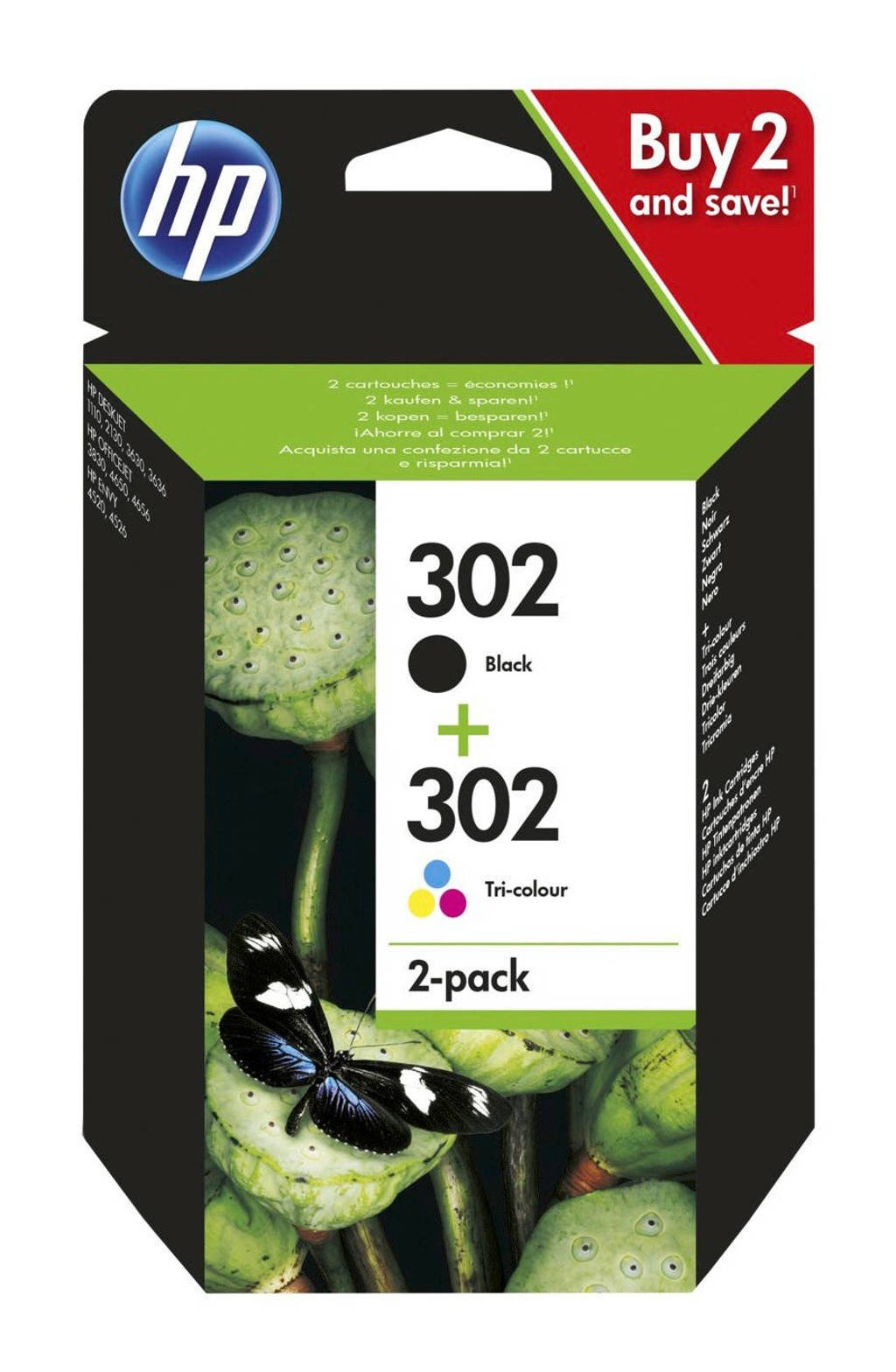 HP HP 302 INK 2-PAC inkt cartridge 302 2-pack (zwart + kleur), Zwart, Geel, Cyaan en Magenta