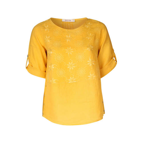 Paprika Linnen Top Met Bloemborduursels Oker paprika kopen in de aanbieding