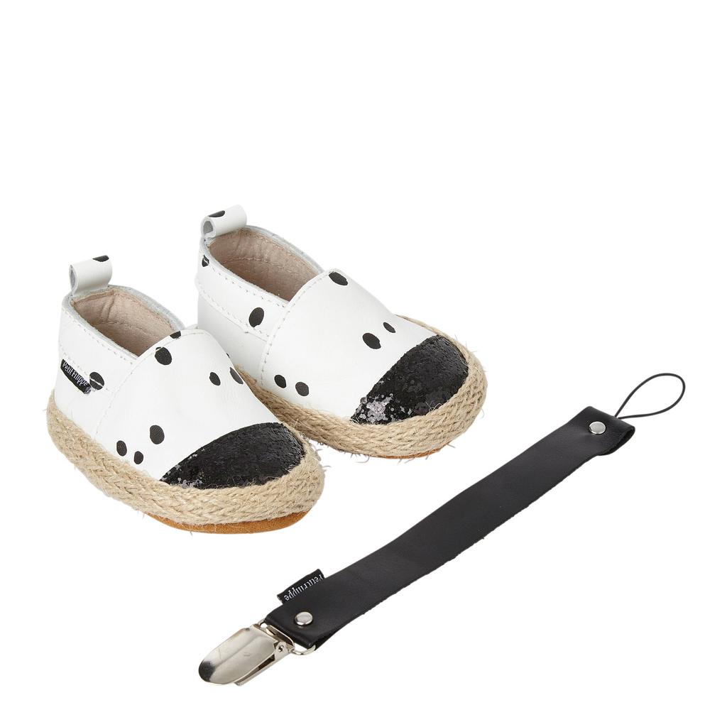 Petit Filippe geschenkset met leren espadrilles + speenkoord wit/zwart
