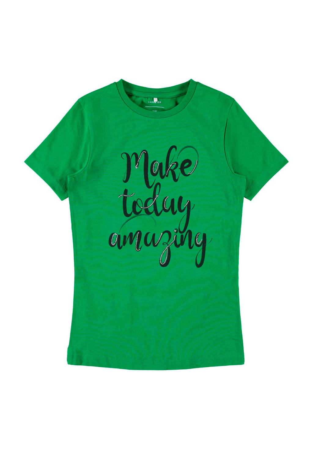 name it T-shirt Felicia met tekst groen, Groen/zwart
