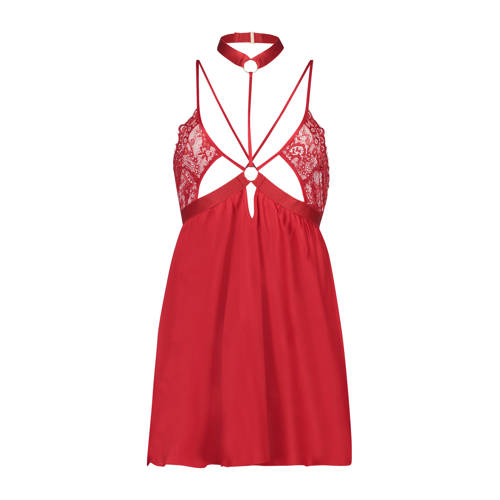 Hunkemoller Slipdress Babydoll Kitty Met Kant En Choker Rood hunkemoller kopen in de aanbieding