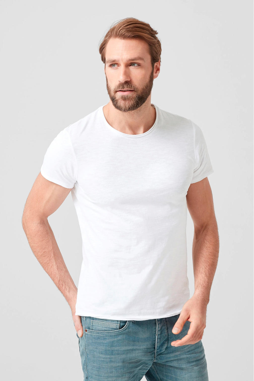 Witte heren Q S designed by basic T-shirt van katoen met korte mouwen en ronde hals