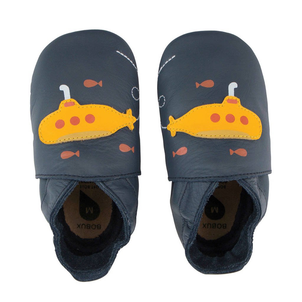 Bobux leren baby slofjes donkerblauw, Donkerblauw/geel