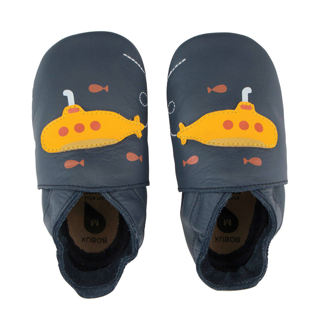 Bobux leren babyslofjes donkerblauw, Donkerblauw/geel
