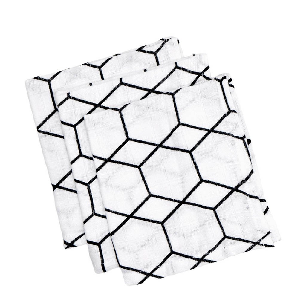 Briljant Baby hydrofiel washandje grid wit zwart - set van 3, Wit/zwart