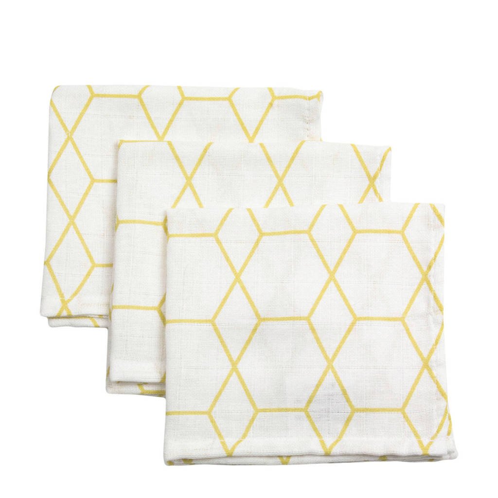 Briljant Baby hydrofiel monddoekje grid ochre - set van 3, Wit/geel