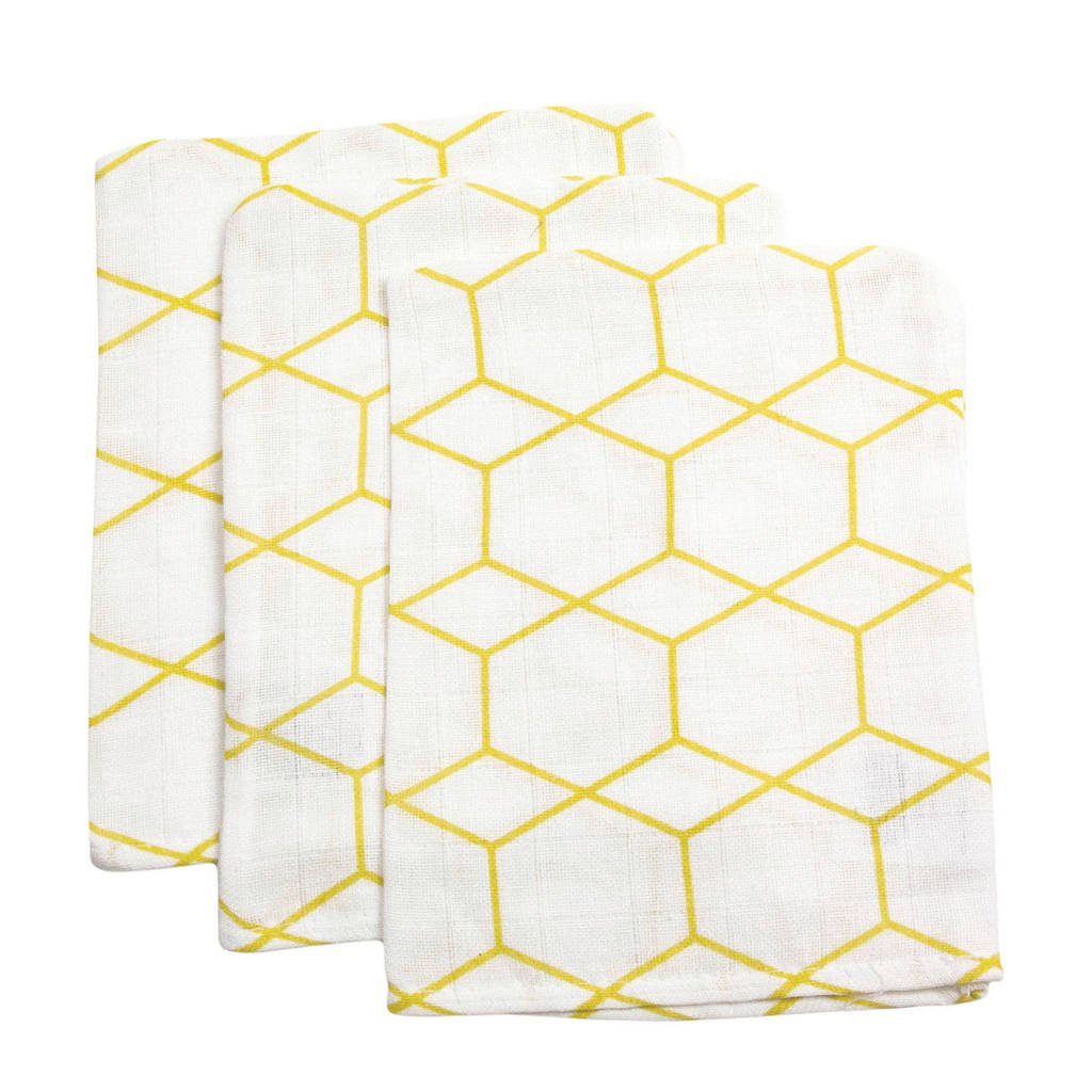 Briljant Baby hydrofiel washandje grid ochre - set van 3, Wit/geel