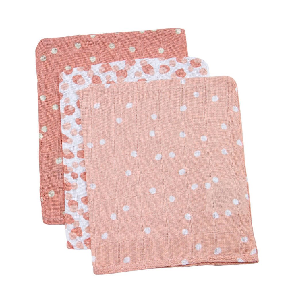 Briljant Baby hydrofiel washandje spots pink set van 3, Roze