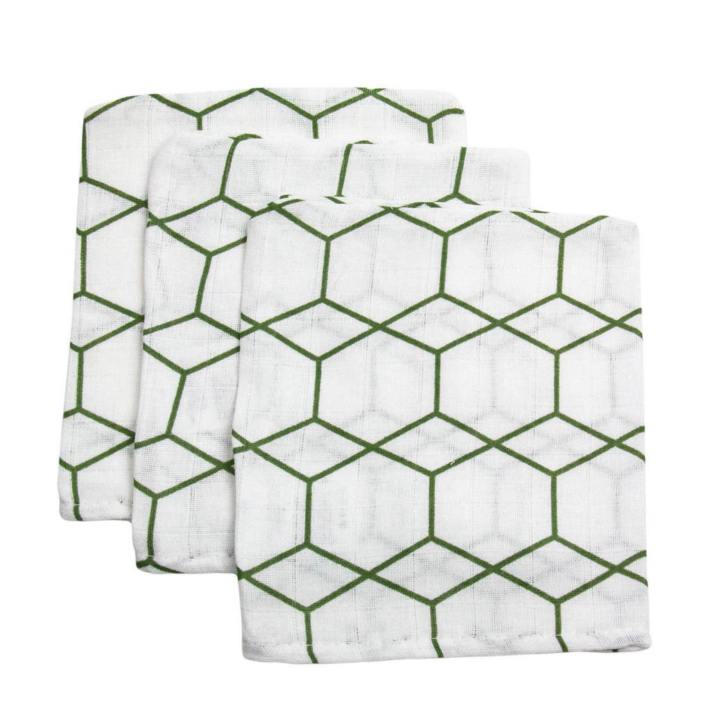 Briljant Baby hydrofiel washandje grid forrest - set van 3, Wit/groen
