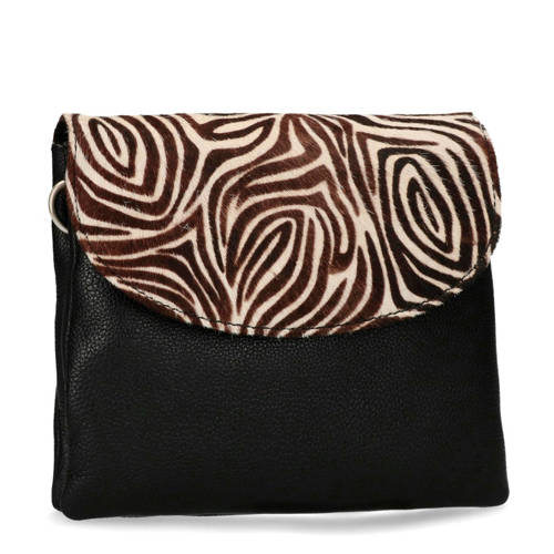 Manfield Leren Zebraprint Schoudertas Zwart manfield kopen in de aanbieding