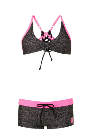 bikini met all-over panterprint zwart/roze