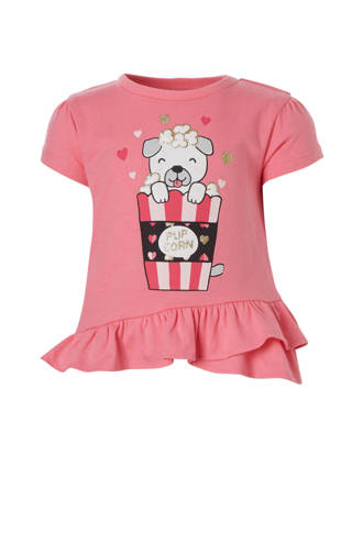 T-shirt met glitter printopdruk en volant roze