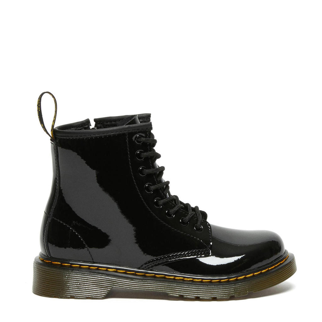Zwarte meisjes Dr. Martens 1460 Patent Kleuter Tiener leren veterboots van lakleer/voering: textiel met profielzool, rits- en vetersluiting en effen