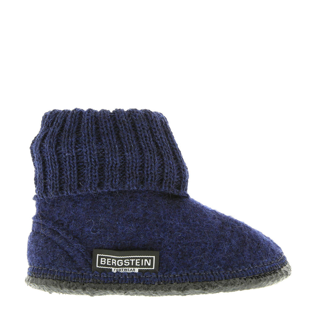 Donkerblauw en grijze jongens en meisjes Bergstein kids pantoffels van wol/latex met effen