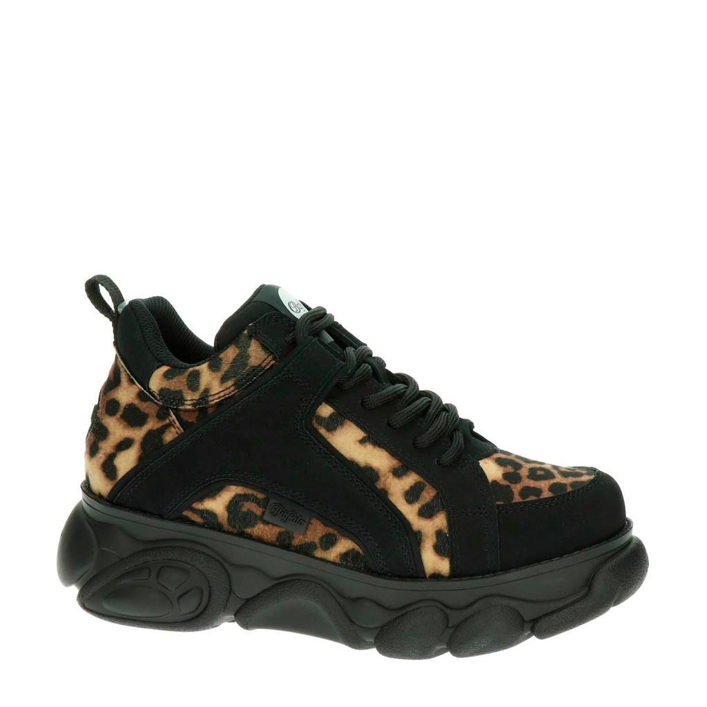 Zwarte dames Buffalo Corin Vegan chunky dad sneakers van imitatieleer met veters en panterprint