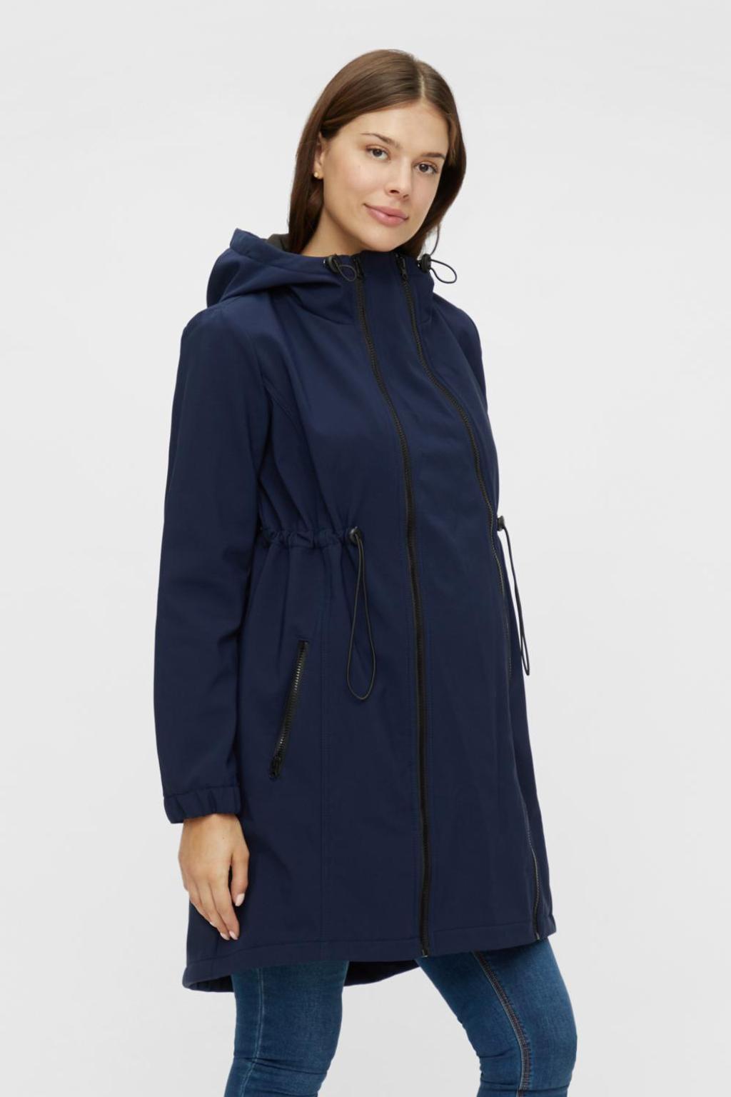 Donkerblauwe dames MAMALICIOUS zwangerschaps parka van polyester met effen, lange mouwen, capuchon en ritssluiting