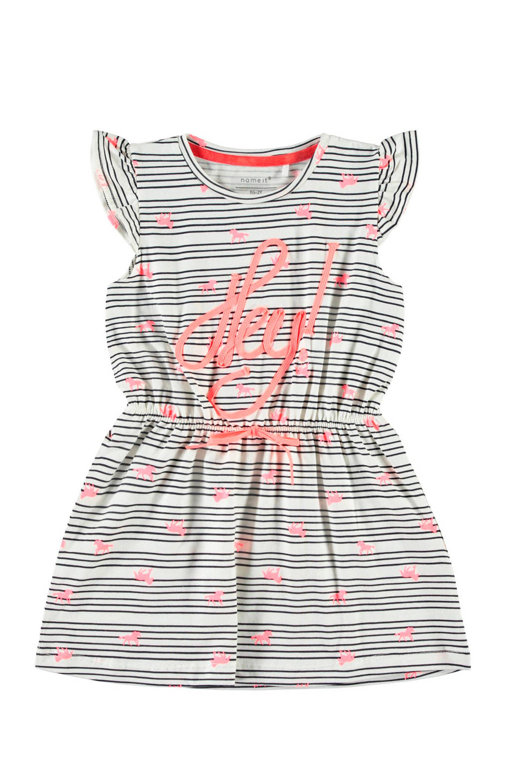 name it gestreepte jurk Halullu met paarden en tekst ecru, Wit