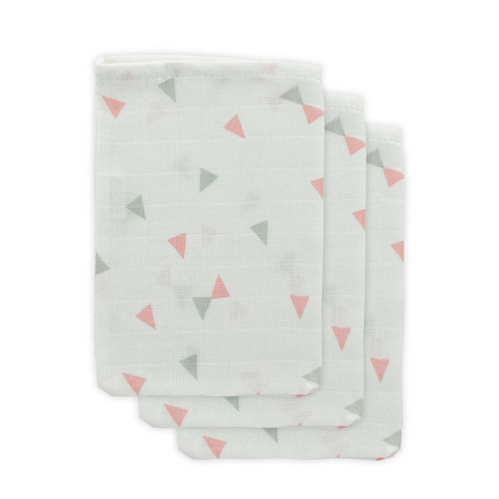 Little Lemonade hydrofiele washandjes grijs/roze driehoek - set van 3, wit/grijs/roze