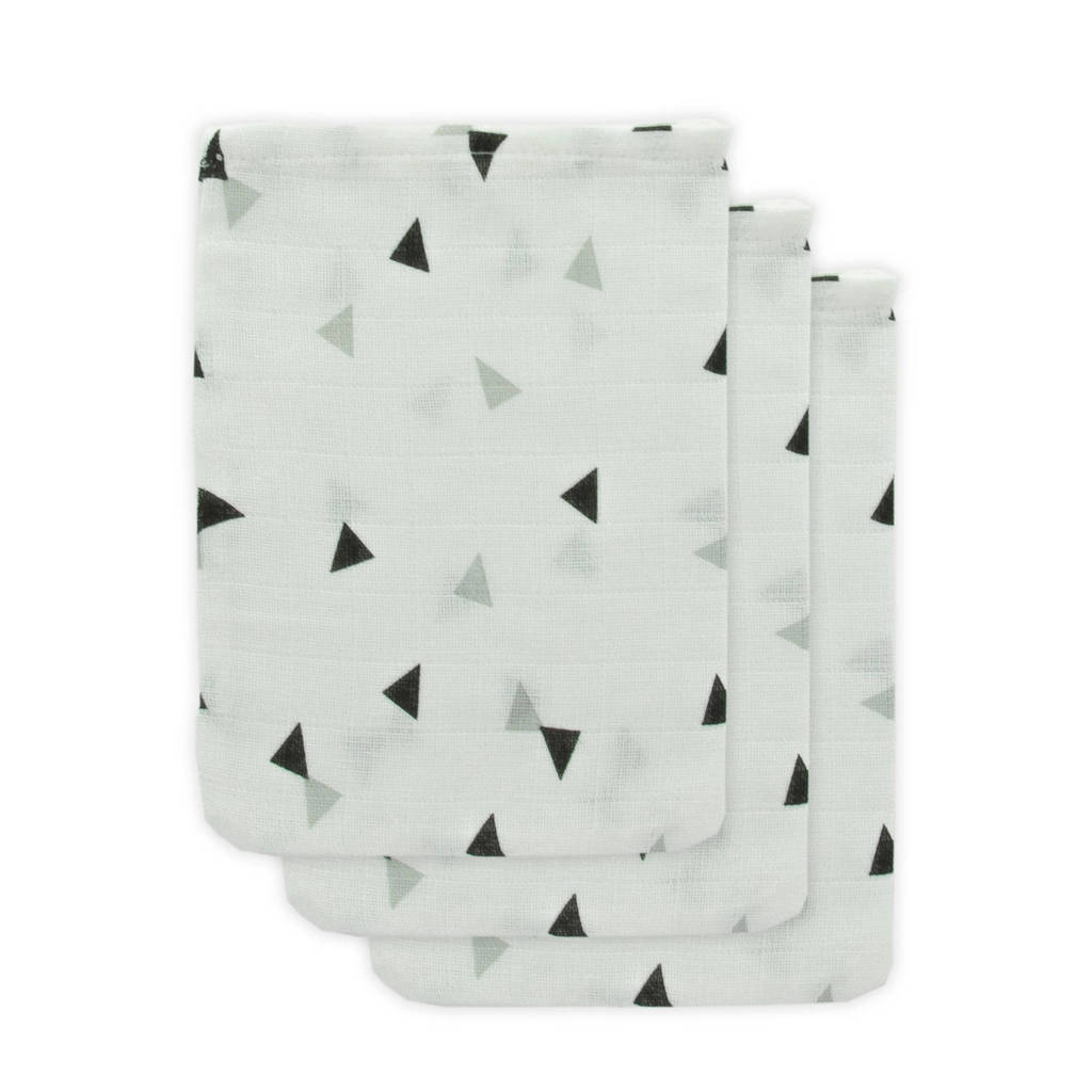 Little Lemonade hydrofiele washandjes grijs/zwart driehoek - set van 3, Wit/grijs/zwart