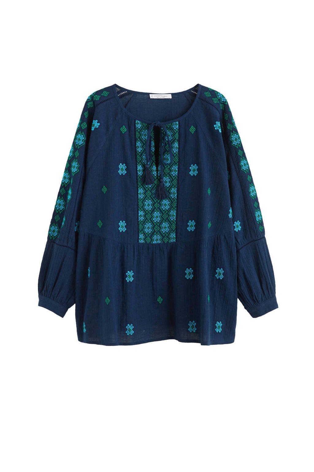 Violeta by Mango top met borduursels blauw, Donkerblauw