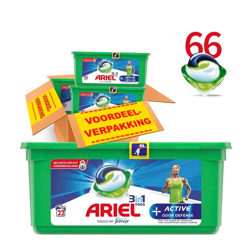 Ariel Active Odour Defense 3in1Pods wasmiddelcapsules 3 x 22 wasbeurten, 66 stuks