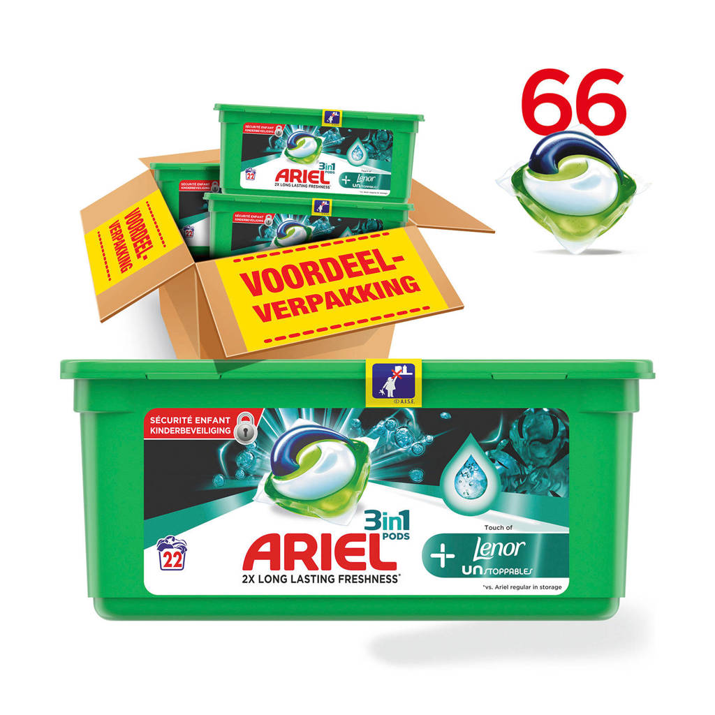 Ariel Touch Of Lenor 3in1Pods wasmiddelcapsules 3 x 22 wasbeurten, 88 stuks